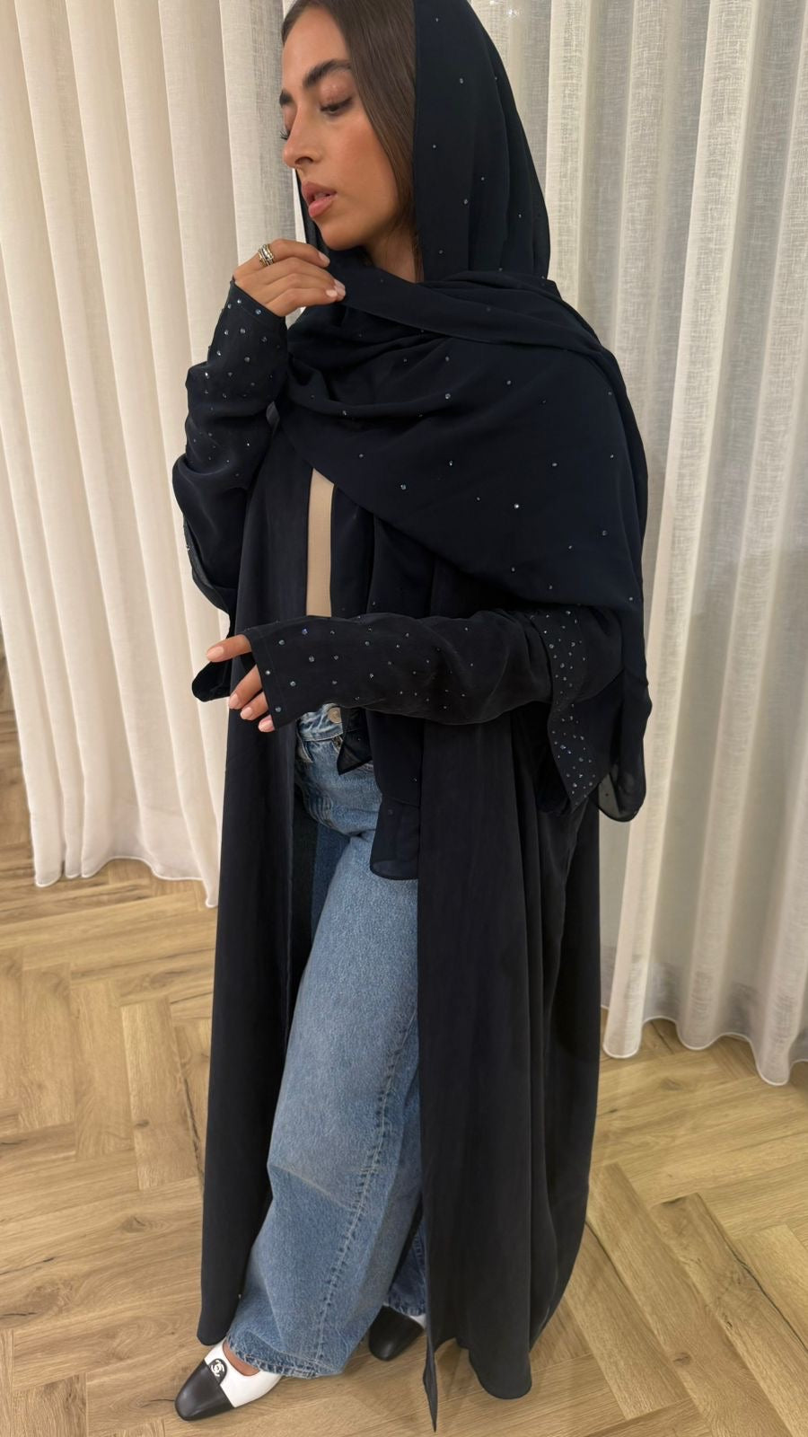 Midnight Glow Abaya – Dark Navy Blue Crystal Edition