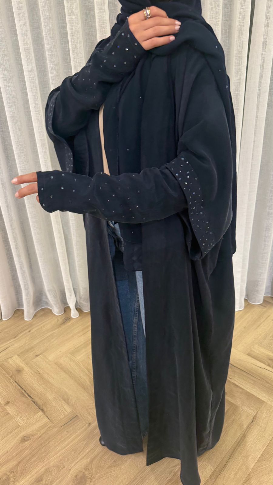 Midnight Glow Abaya – Dark Navy Blue Crystal Edition