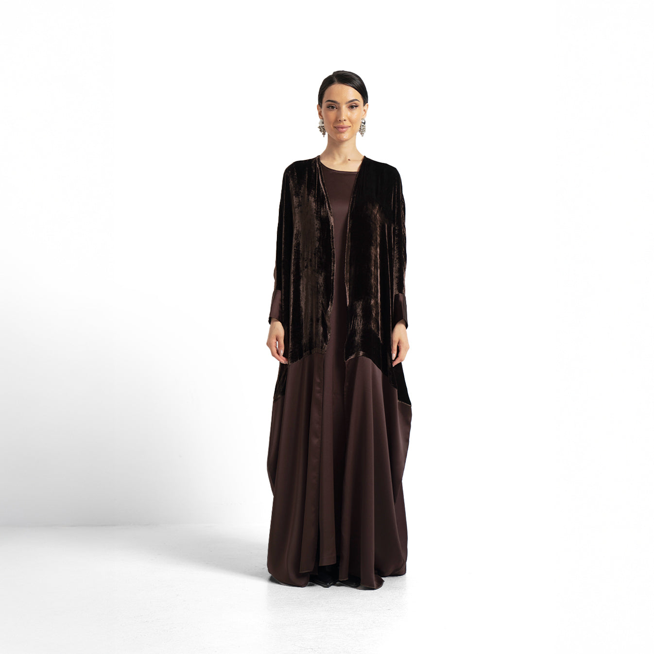 Mocha Velvet & Satin Layered Abaya