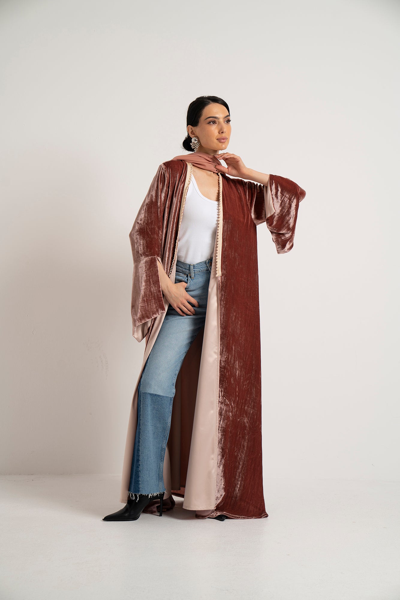 Berry Rose Velvet & Orchid Lace Abaya