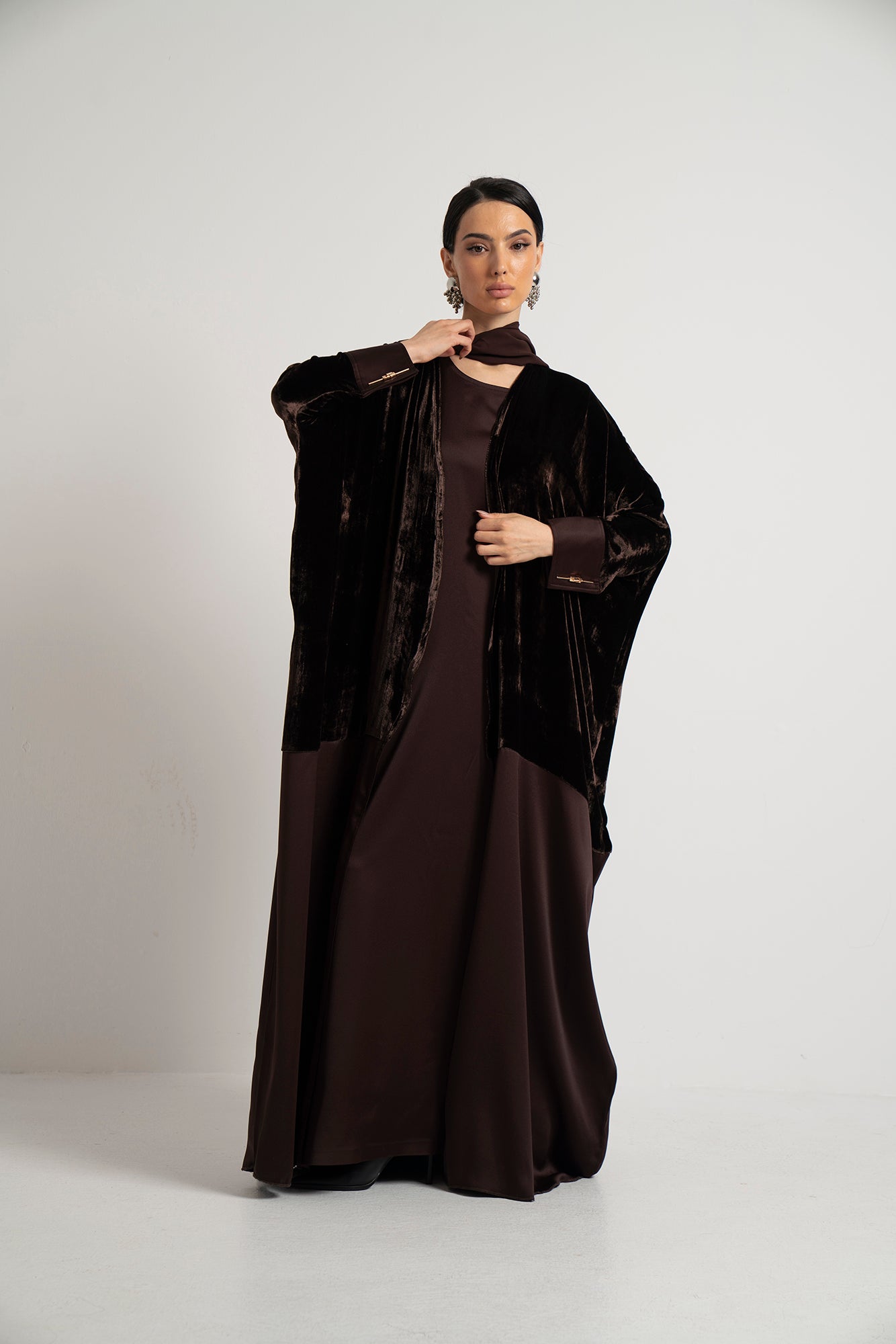 Mocha Velvet & Satin Layered Abaya