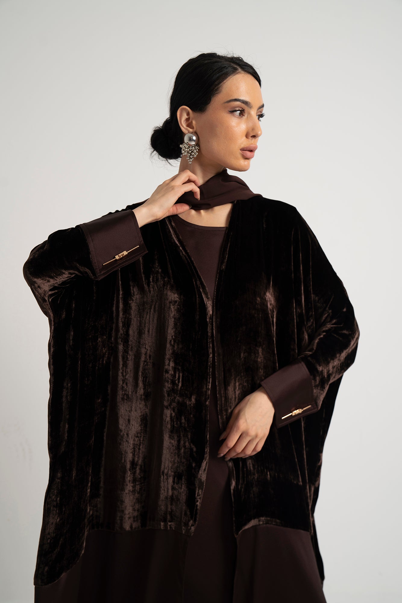Mocha Velvet & Satin Layered Abaya