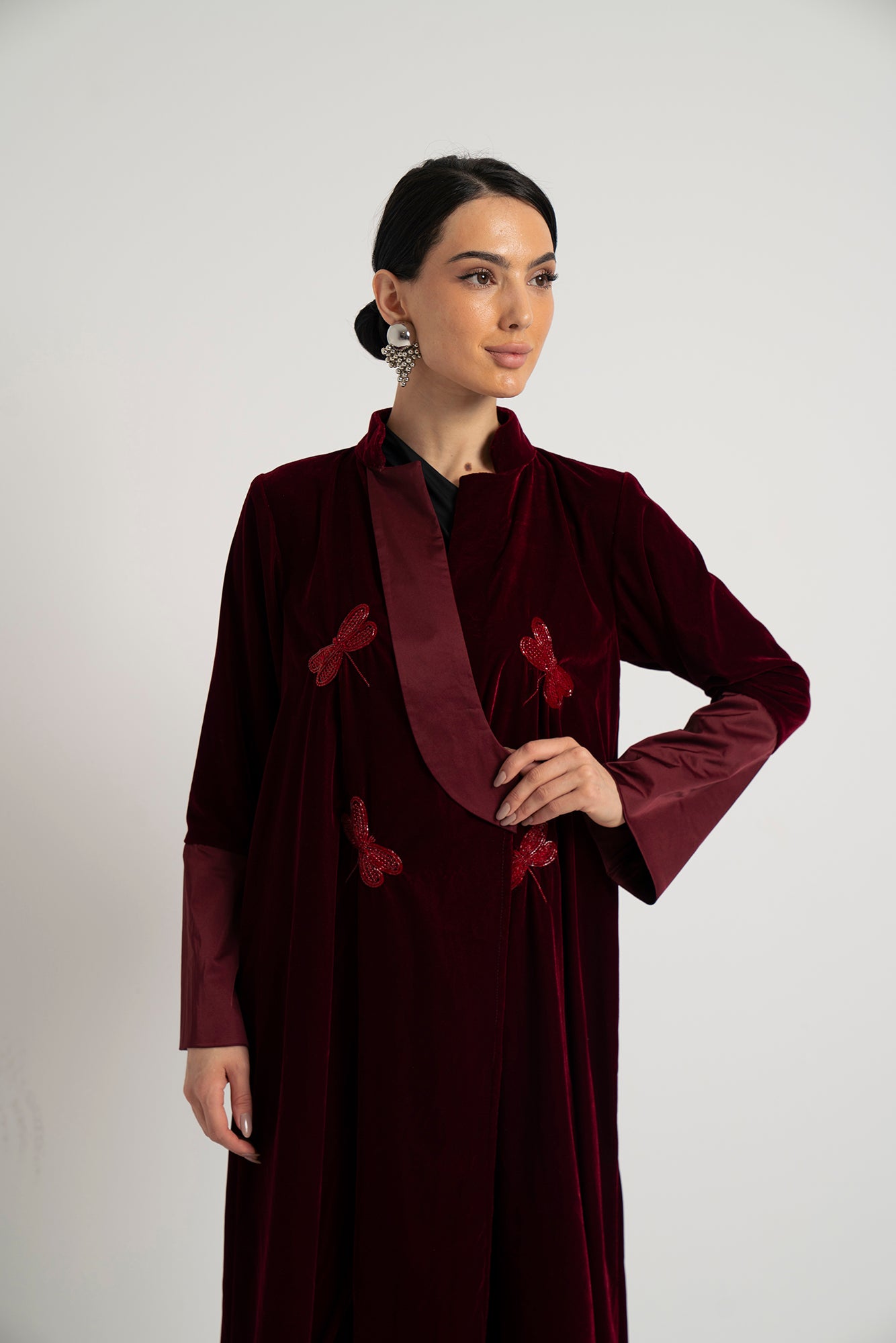 Merlot Velvet Butterfly Abaya