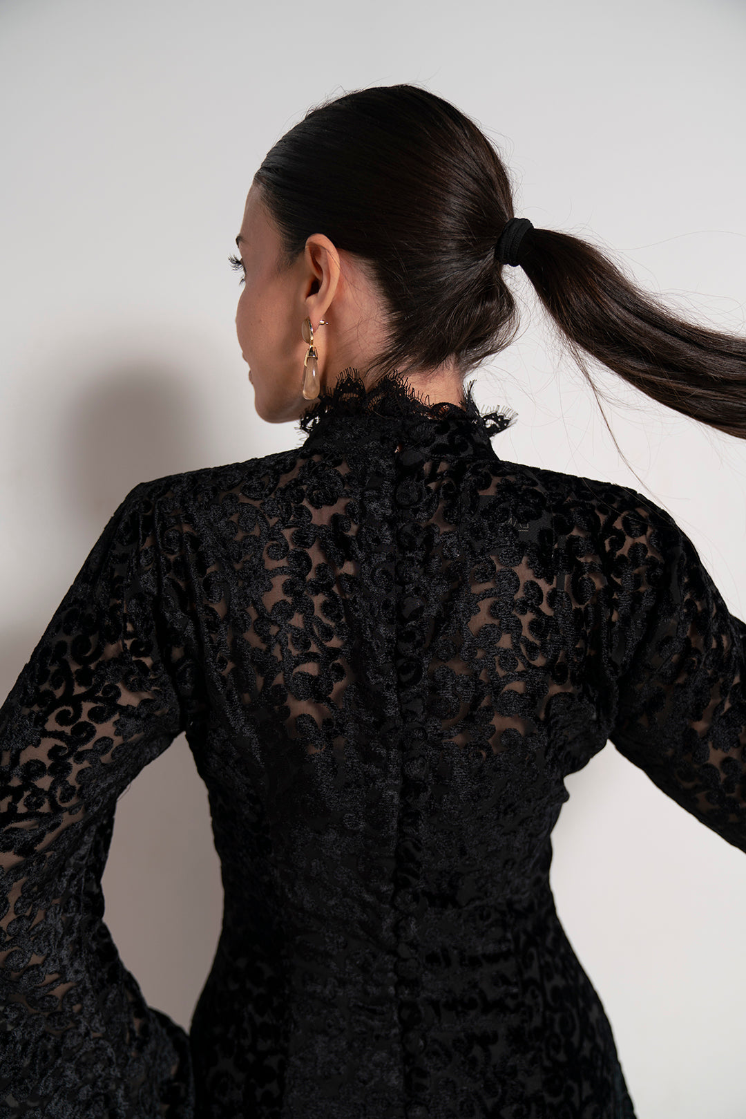 Noir Lace Flared Sleeve Dress