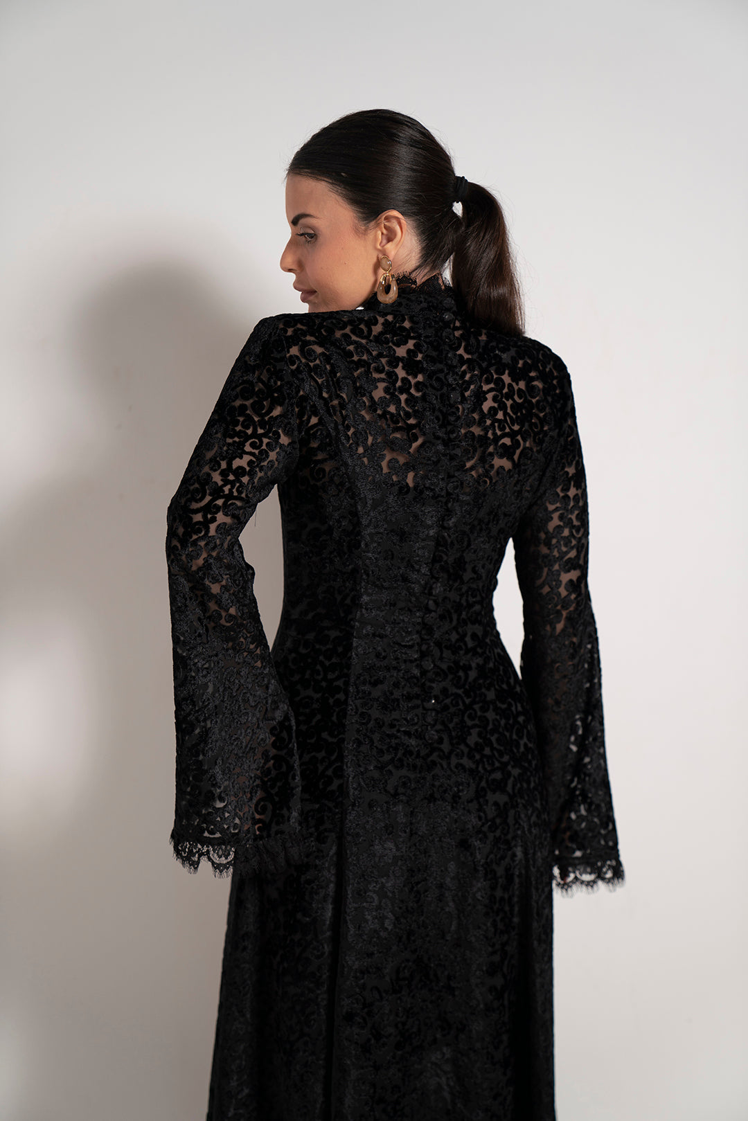Noir Lace Flared Sleeve Dress