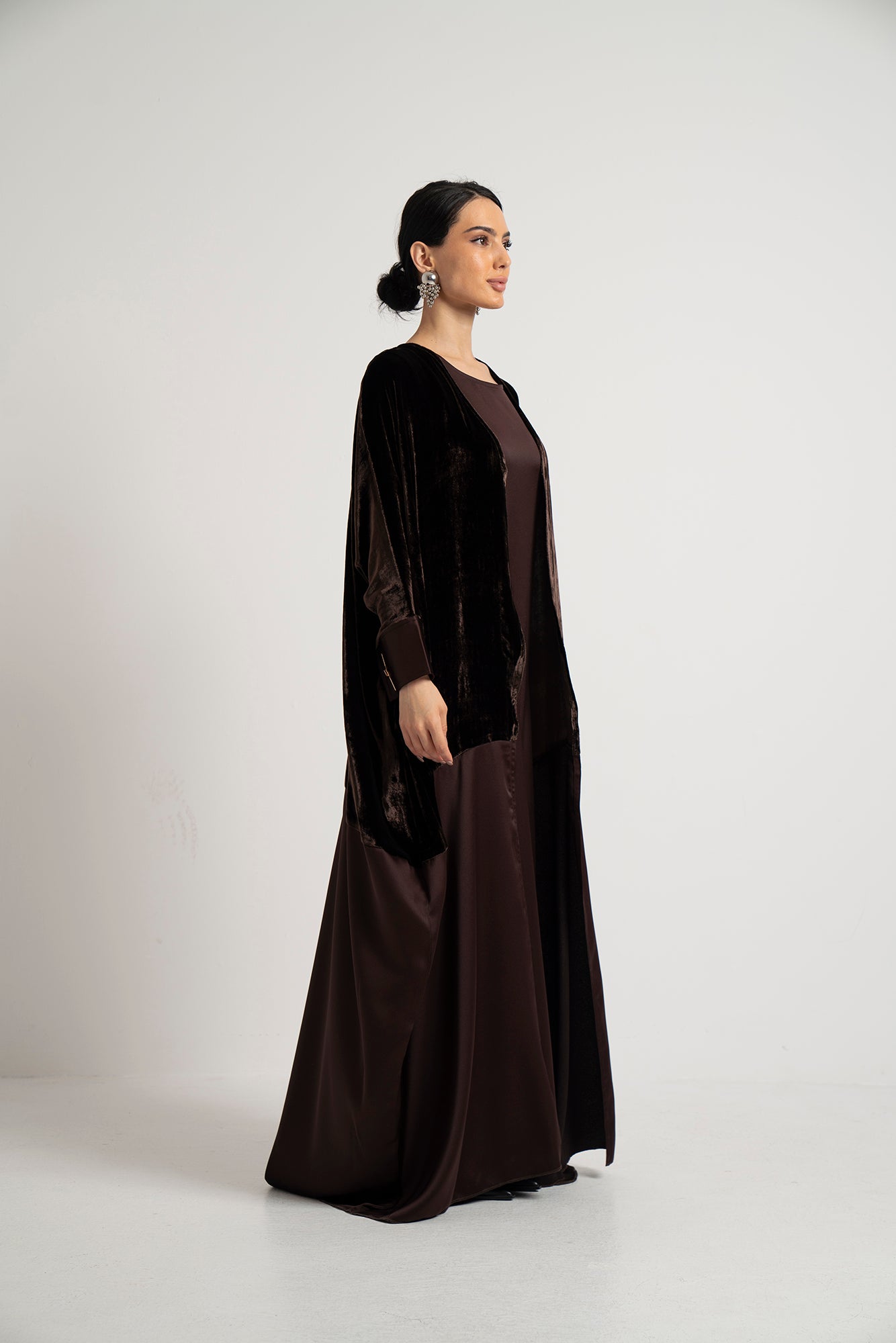 Mocha Velvet & Satin Layered Abaya