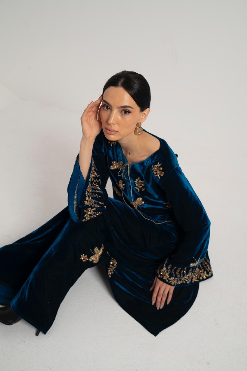 Teal Velvet Dragonfly Embroidered Dress