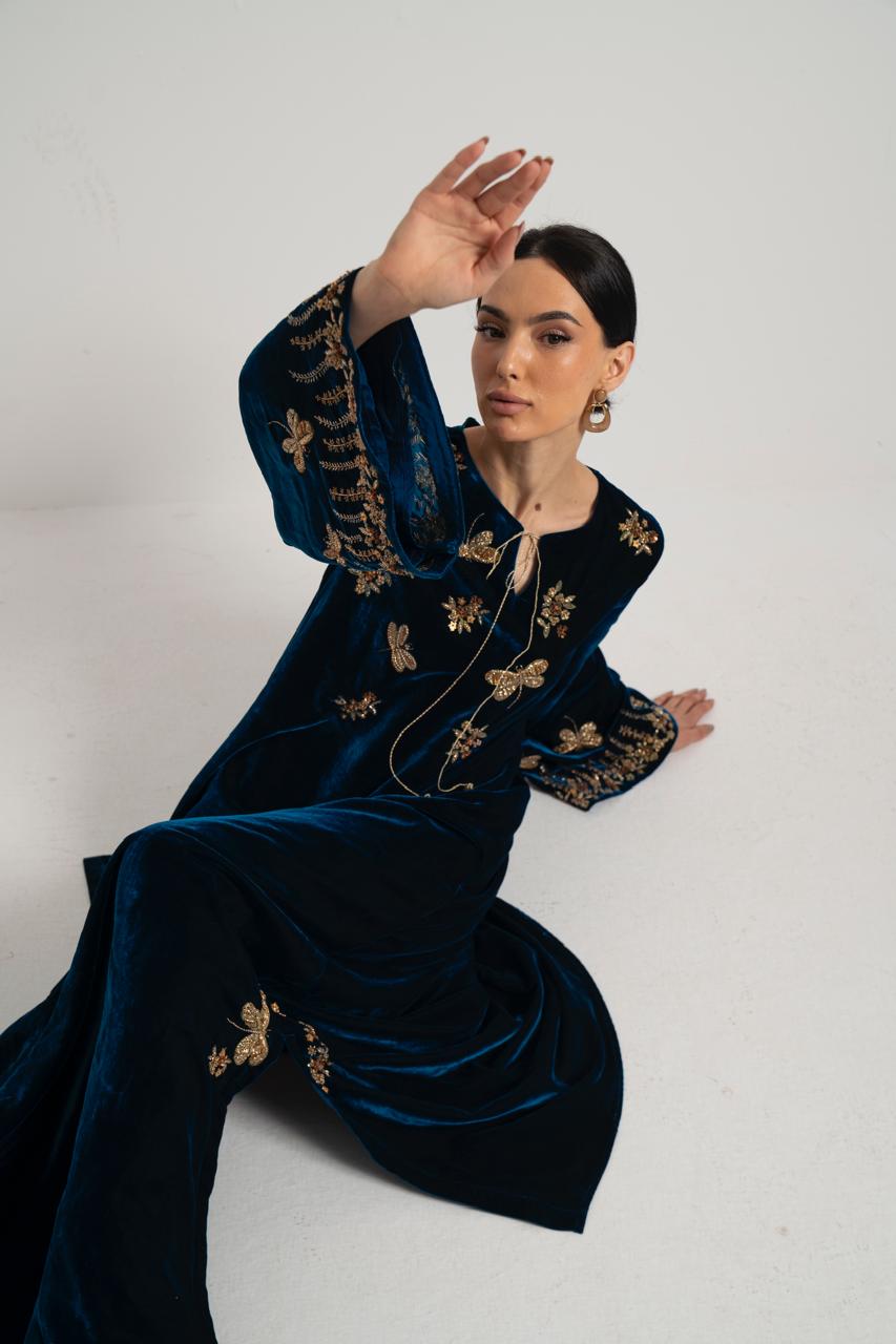 Teal Velvet Dragonfly Embroidered Dress