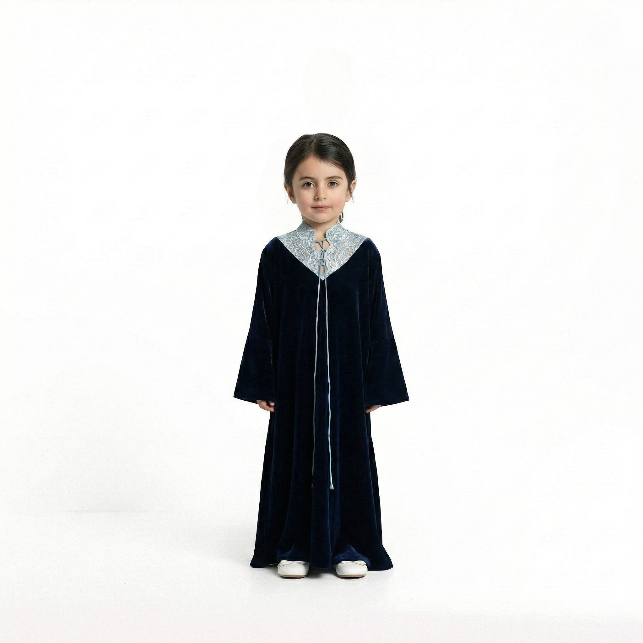 Midnight Blue Velvet Lace Dress for Girls