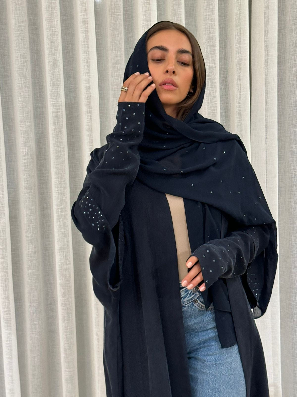 Midnight Glow Abaya – Dark Navy Blue Crystal Edition