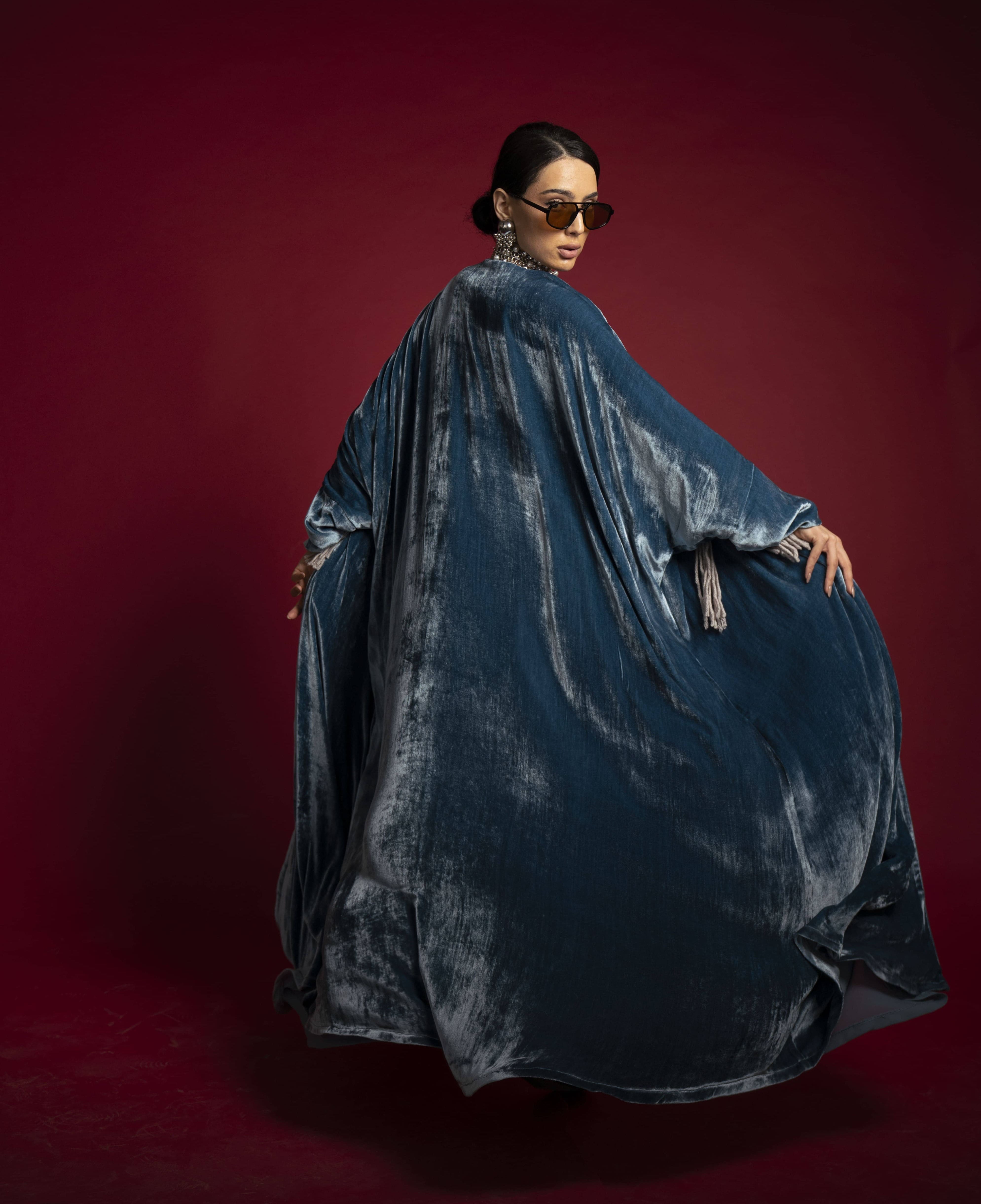 Cobalt & Teal Velvet Panel Abaya