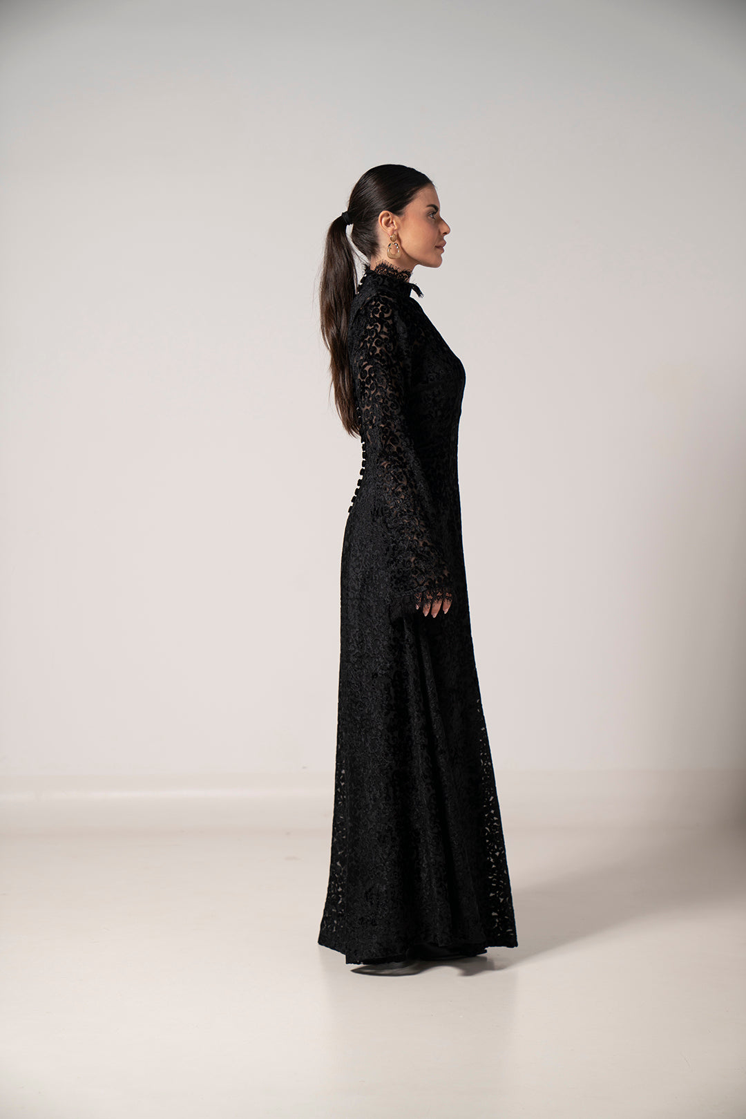 Noir Lace Flared Sleeve Dress