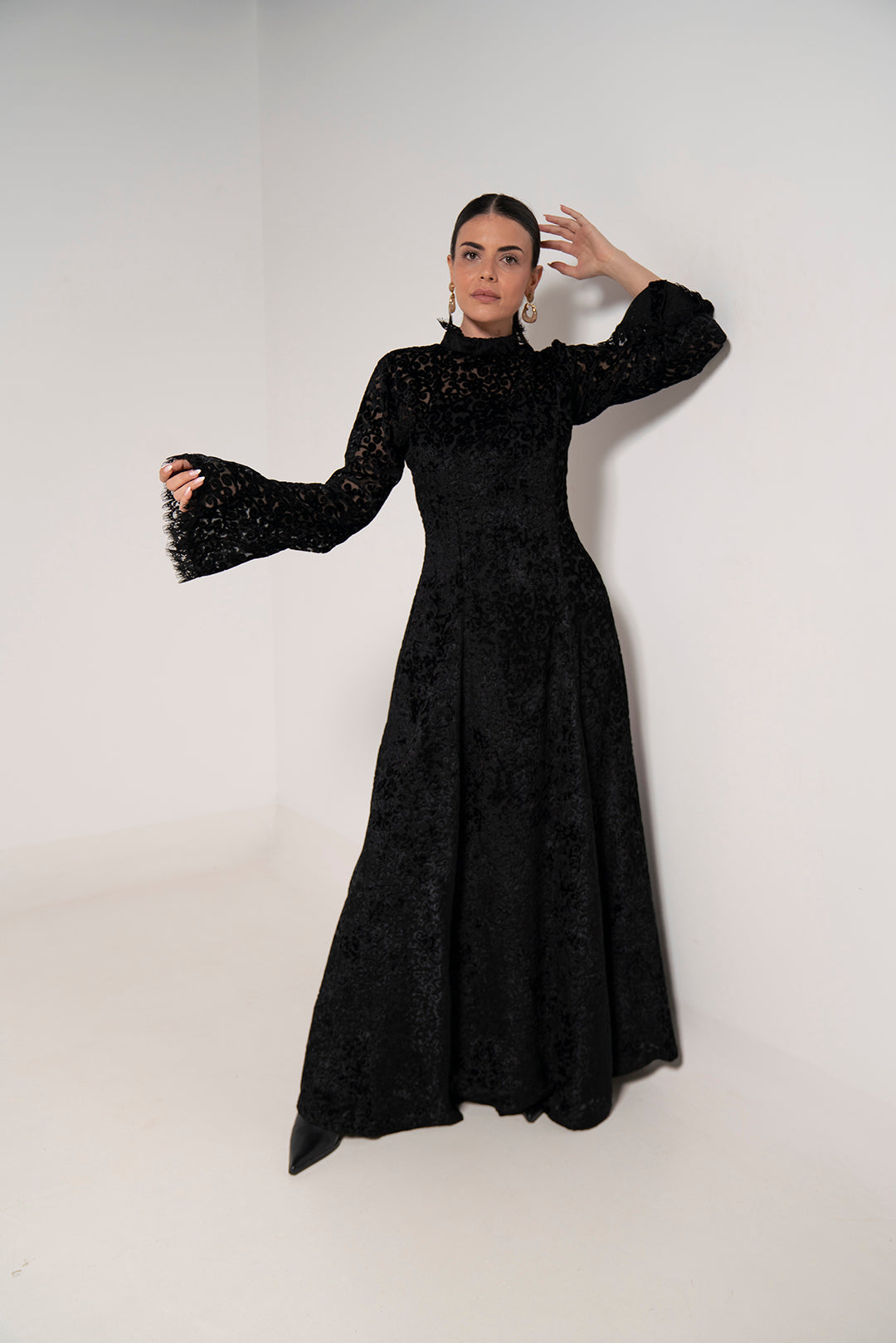 Noir Lace Flared Sleeve Dress