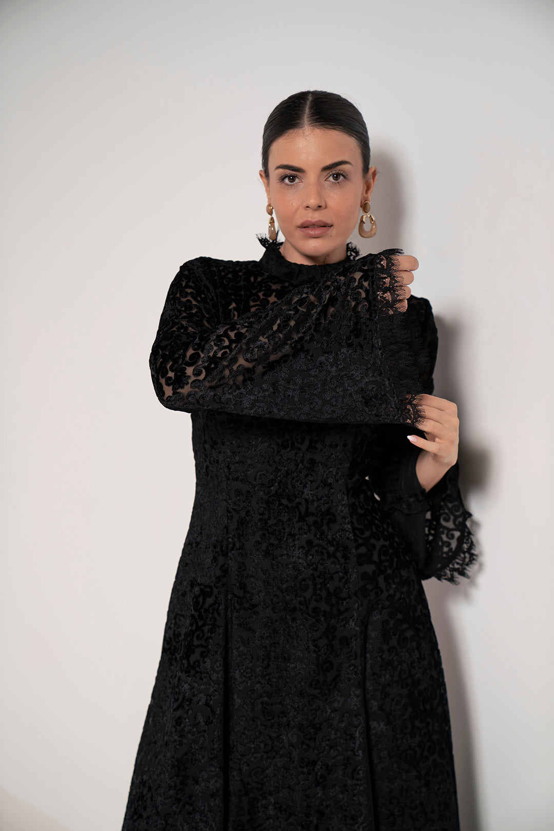 Noir Lace Flared Sleeve Dress