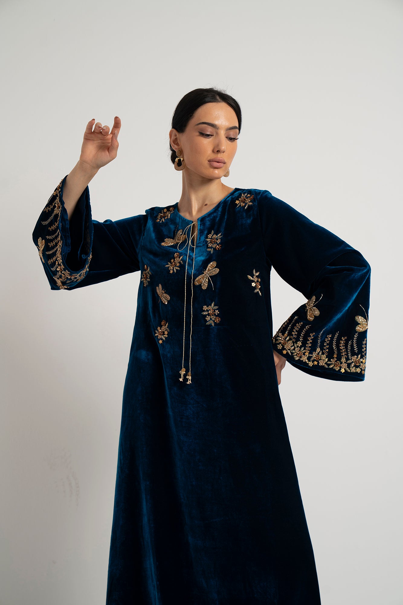 Teal Velvet Dragonfly Embroidered Dress