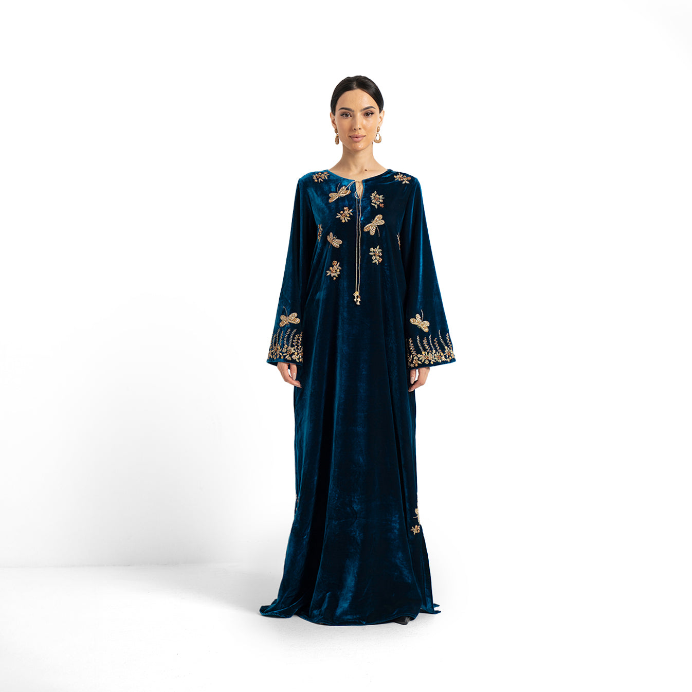 Teal Velvet Dragonfly Embroidered Dress