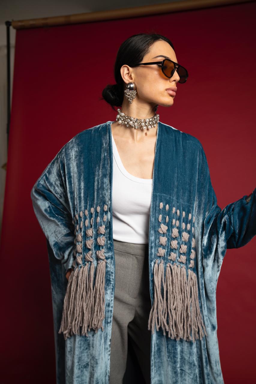 Cobalt & Teal Velvet Panel Abaya