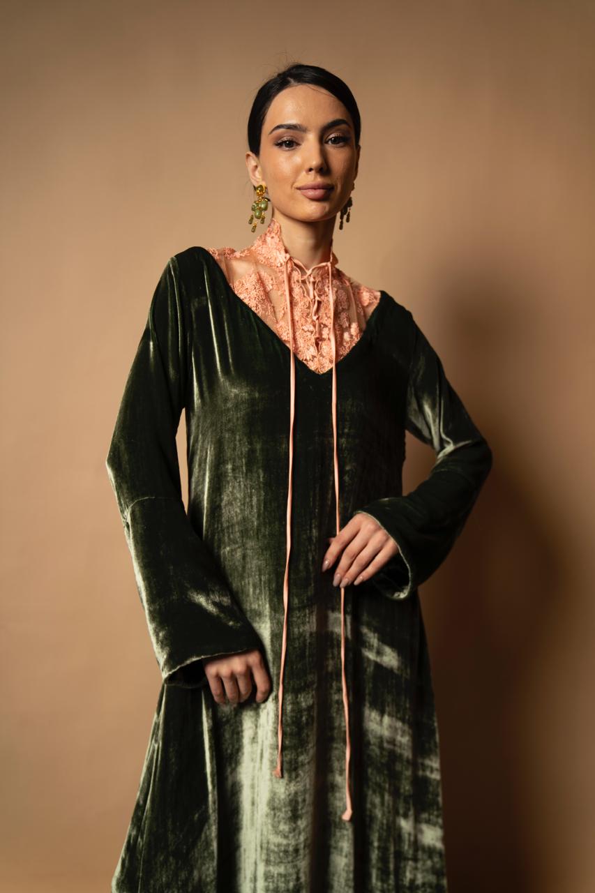 Moss Velvet & Blush Lace Dress