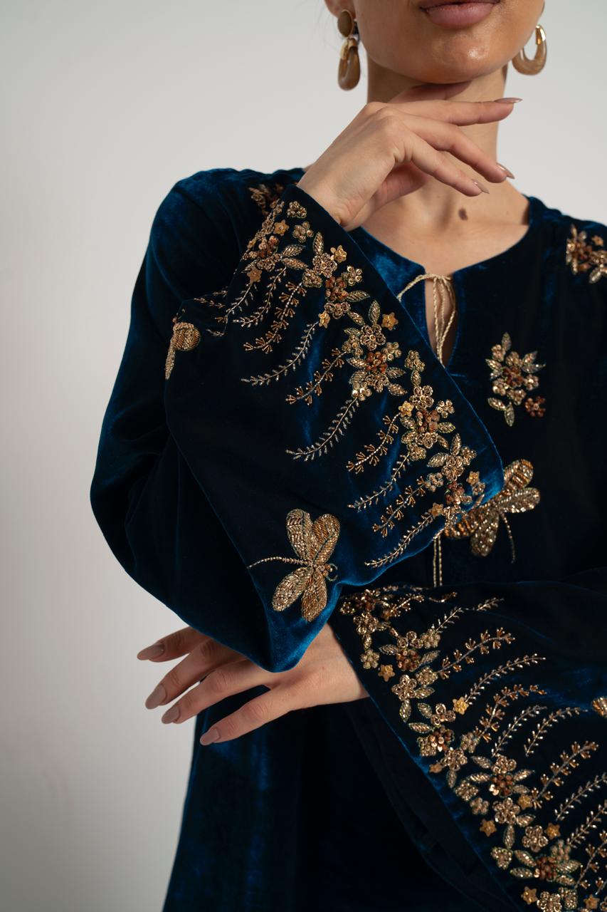 Teal Velvet Dragonfly Embroidered Dress