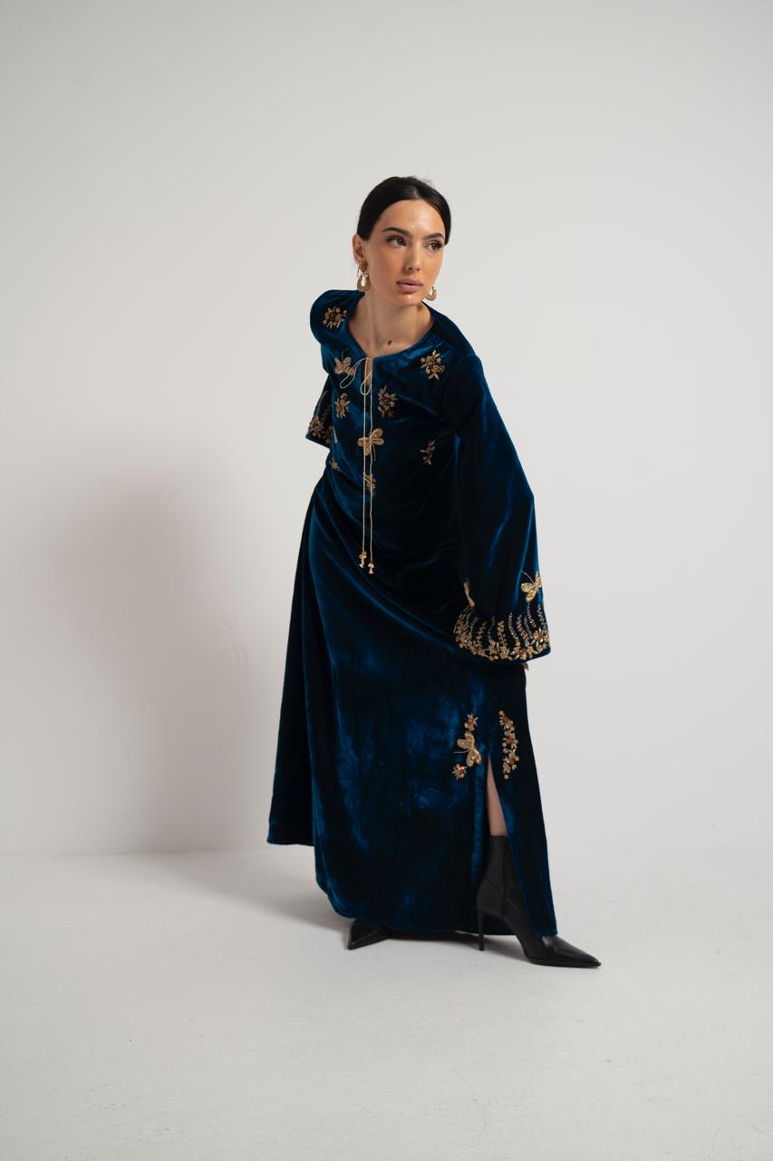 Teal Velvet Dragonfly Embroidered Dress