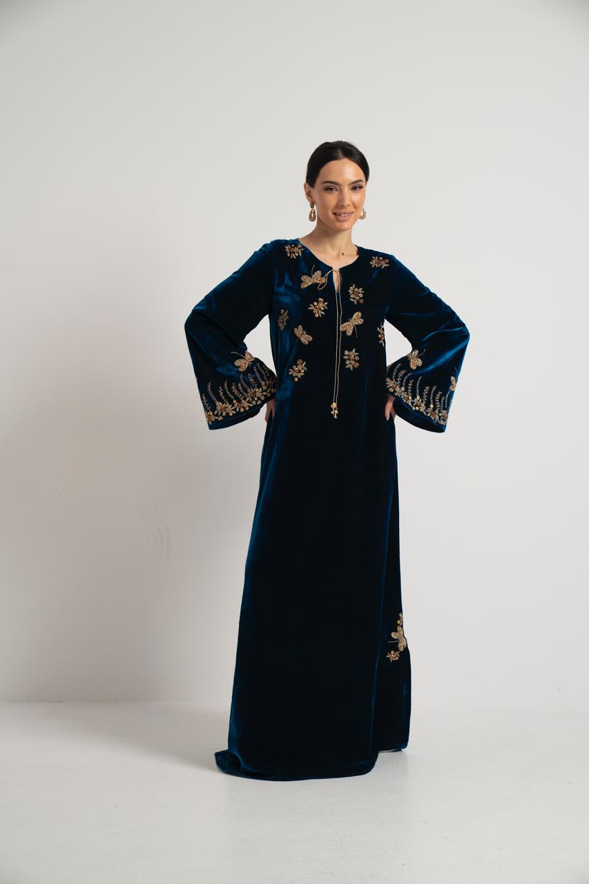 Teal Velvet Dragonfly Embroidered Dress